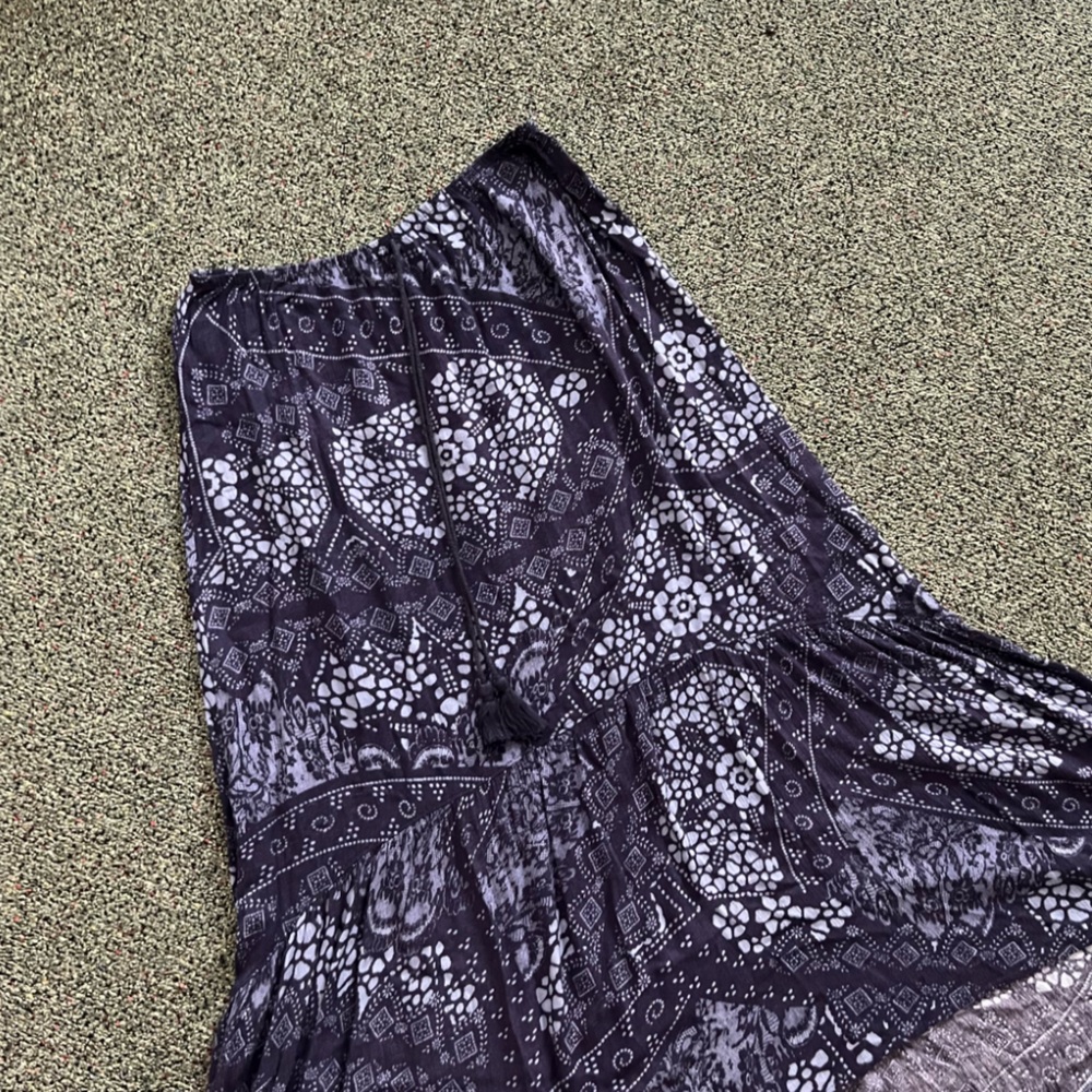 Navy Blue & Black Tribal Pattern Tiered Drawstring Midi Maxi Modest Skirt Sz M